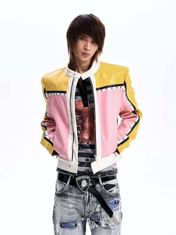 Star Studded Color Block Leather Jacket 2