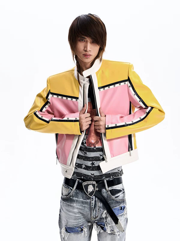 Star Studded Color Block Leather Jacket 3