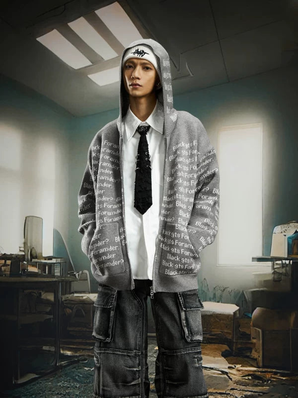 Street Style Zip Up Hooded Knit Cardigan 2