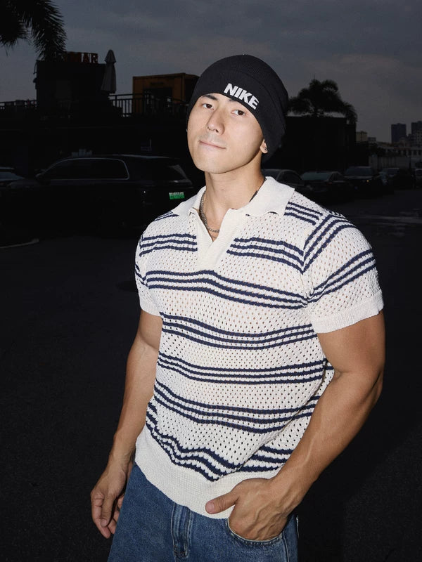 Striped Breathable Knit Polo Shirt 1