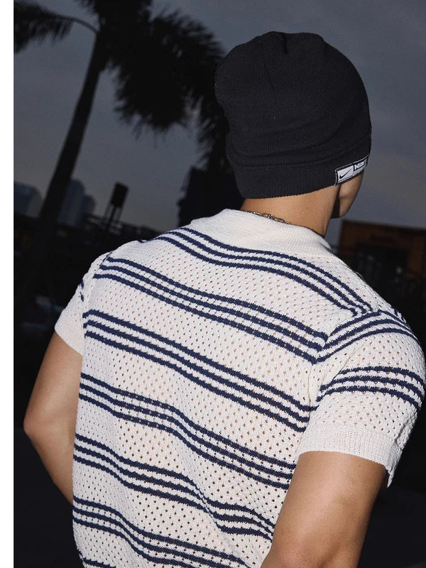 Striped Breathable Knit Polo Shirt 4