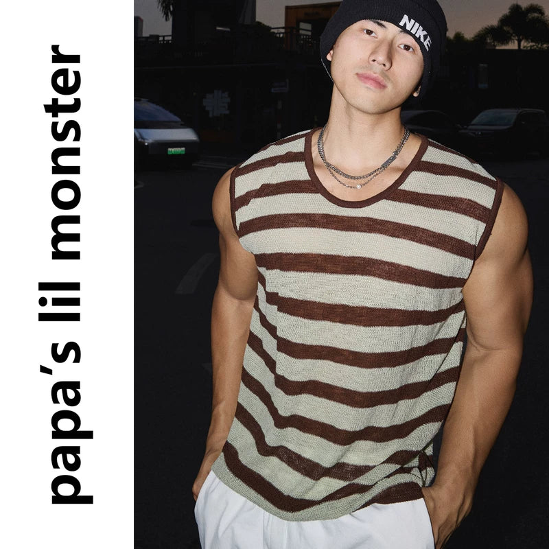 6222119170043,6222119170044,6222119170045, Striped Crew Neck Knit Sleeveless Vest