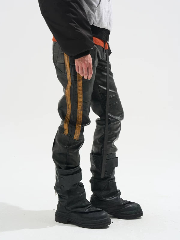 Striped Distressed Leather Motorcycle Pants 1
