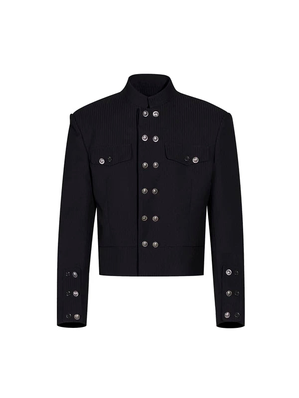 Striped Double-Breasted Stand-Collar Suit Jacket 5