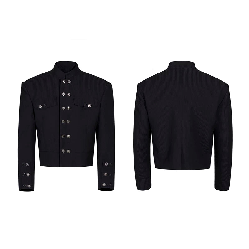 6093868086896,6093868086897,6093868086898,6093868086899, Striped Double-Breasted Stand-Collar Suit Jacket