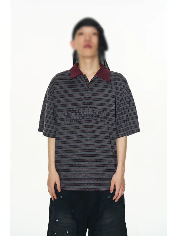 Striped Frayed Appliqué Polo T-Shirt 2