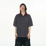 5921586422530,5921586422531,5921586422532,5921586422533, Striped Frayed Appliqué Polo T-Shirt