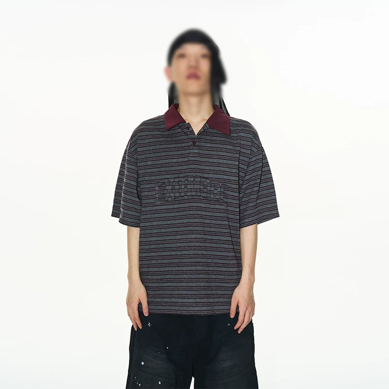 5921586422530,5921586422531,5921586422532,5921586422533, Striped Frayed Appliqué Polo T-Shirt