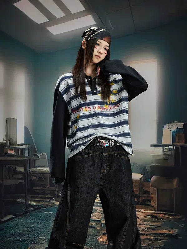 Striped Graphic Long Sleeve Polo Shirt 2