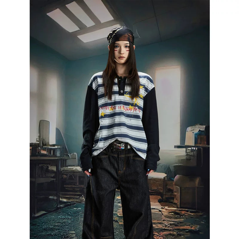 5882934649735,5882934649736,5882934649737, Striped Graphic Long Sleeve Polo Shirt