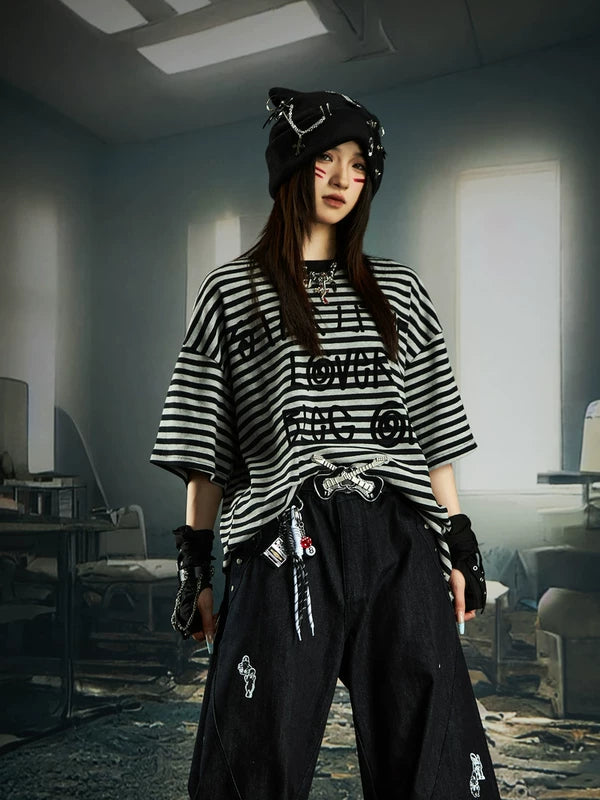 Striped Graphic Oversized Short Sleeve T-Shirt 1