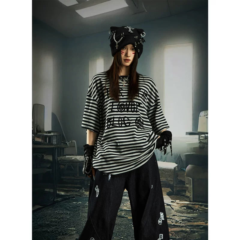 6002954794059,6002954794060,6002954794061,6002954794062, Striped Graphic Oversized Short Sleeve T-Shirt