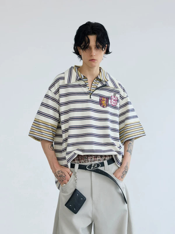 Striped Half-Zip Polo Collar T-Shirt 1