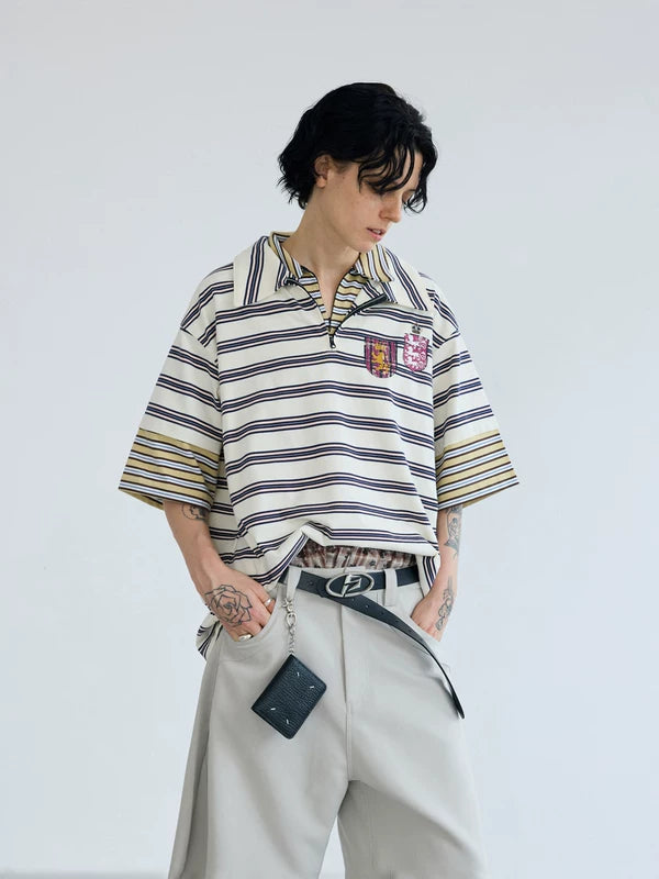 Striped Half-Zip Polo Collar T-Shirt 2