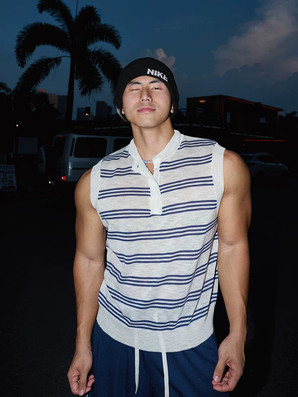 Striped Henley Collar Knitted Vest 1