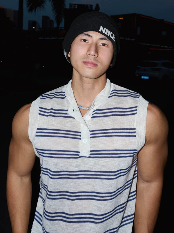 Striped Henley Collar Knitted Vest 5