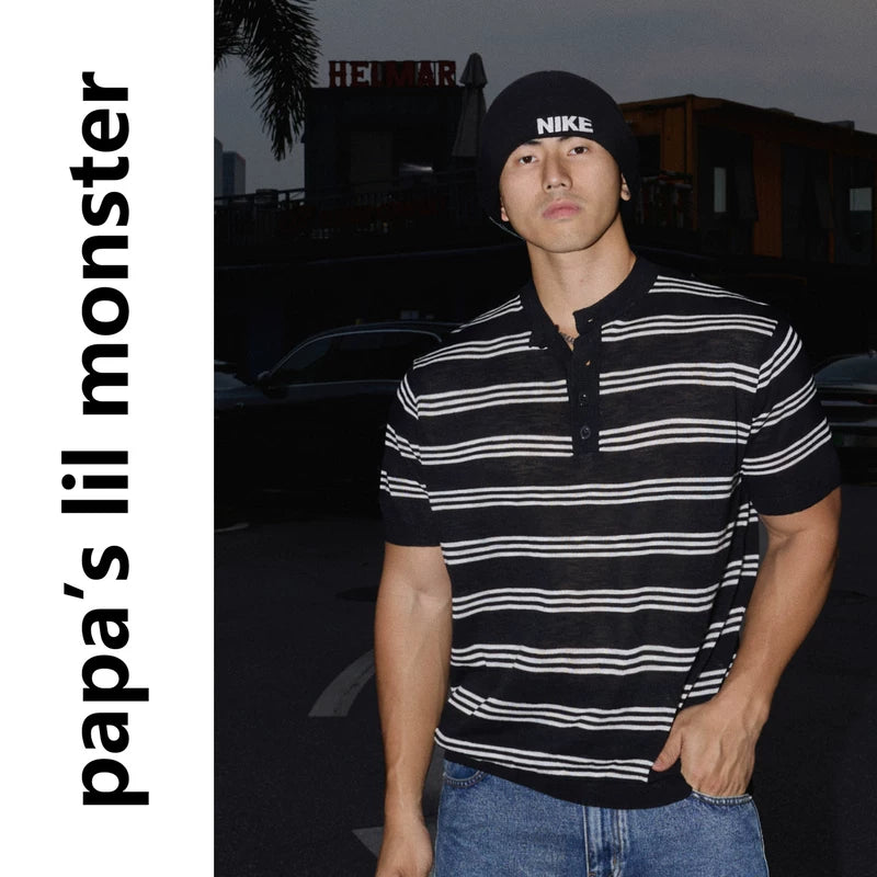 6248711818402,6248711818403,6248711818404, Striped Henley Collar T-Shirt