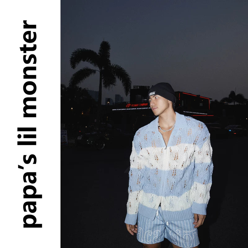 6194510287989,6194510287990,6194510287991, Striped Hollow-Out Double Zipper Knit Sweater