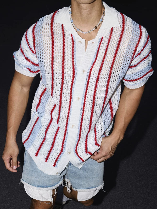 Striped Hollow-Out Knit Polo Shirt 3