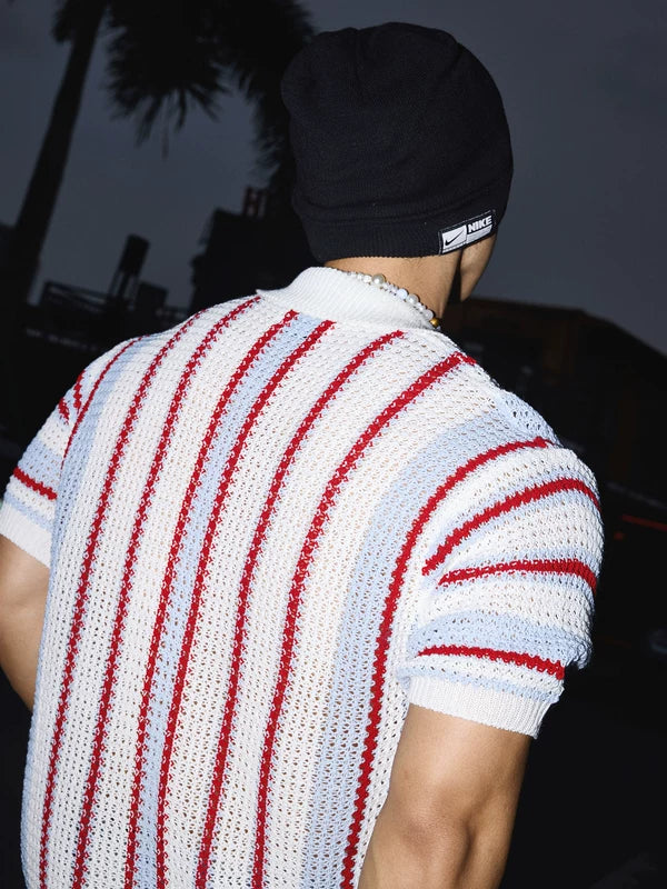 Striped Hollow-Out Knit Polo Shirt 4