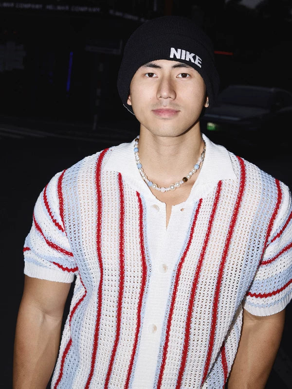 Striped Hollow-Out Knit Polo Shirt 5
