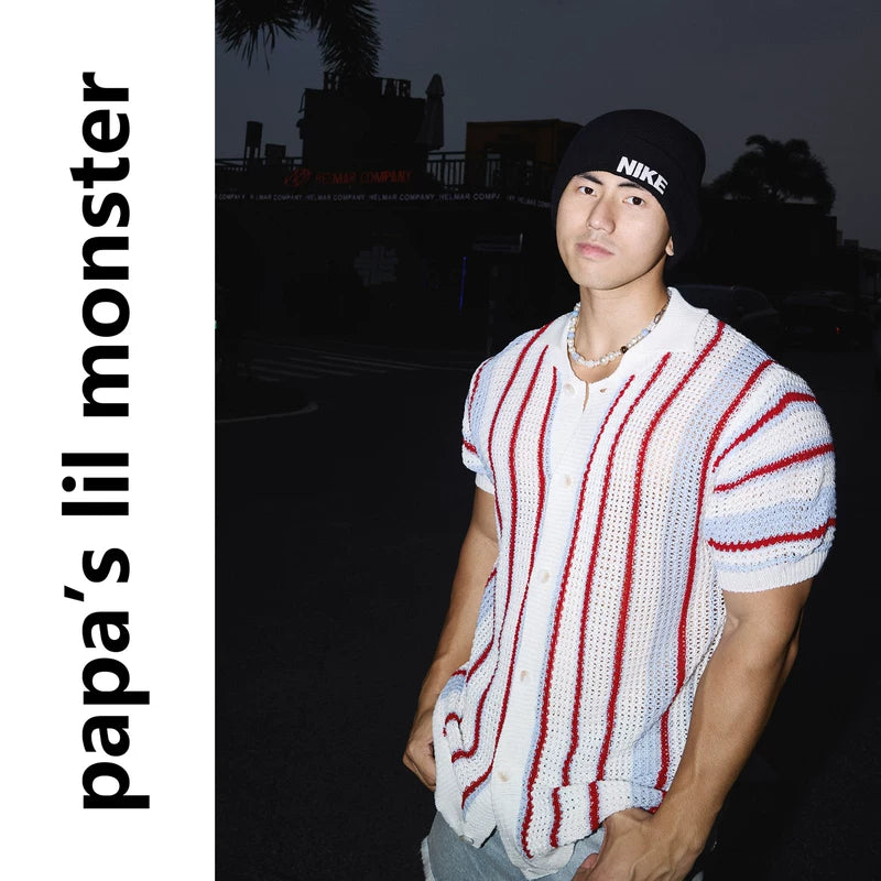 6242753219310,6242753219311,6242753219312, Striped Hollow-Out Knit Polo Shirt