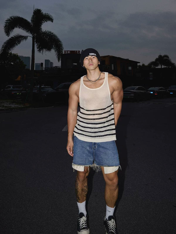 Striped Hollow-Out Mesh Sleeveless Vest 2