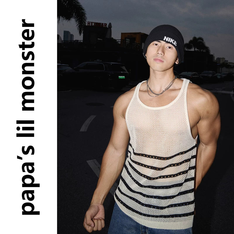 6231601555523,6231601555524,6231601555525, Striped Hollow-Out Mesh Sleeveless Vest