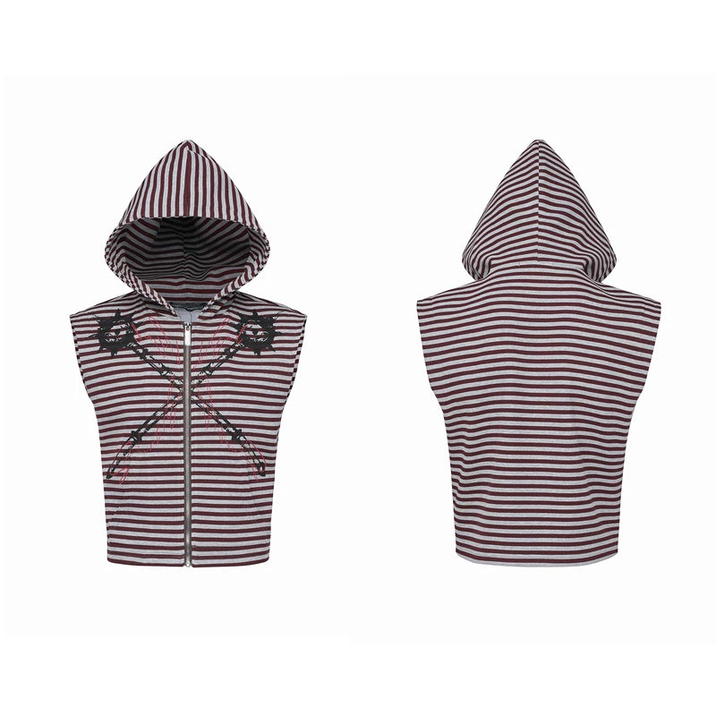 6227124055721,6227124055722,6227124055723,6227124055724, Striped Hooded Graphic Print Vest