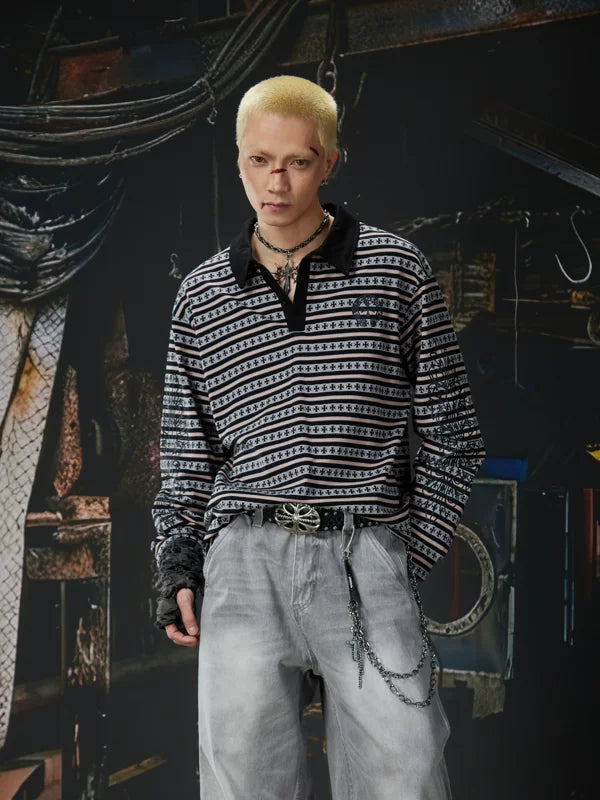 Striped Jacquard Long Sleeve Polo Shirt 1