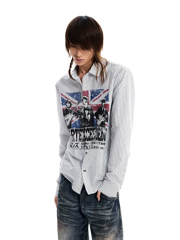 Striped Long-Sleeve Band Print Casual Shirt 1