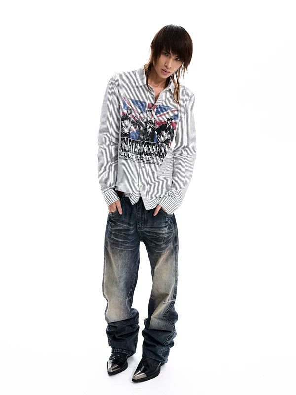 Striped Long-Sleeve Band Print Casual Shirt 2