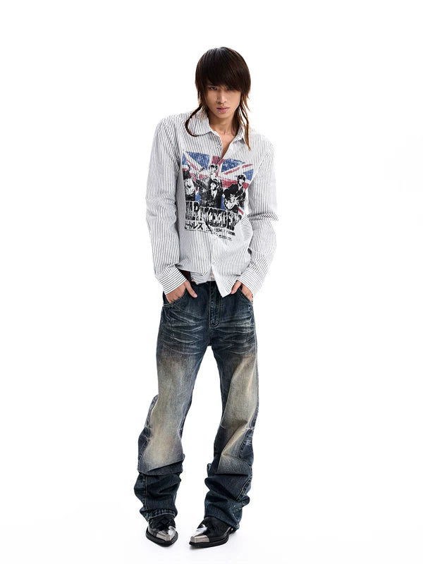 Striped Long-Sleeve Band Print Casual Shirt 3