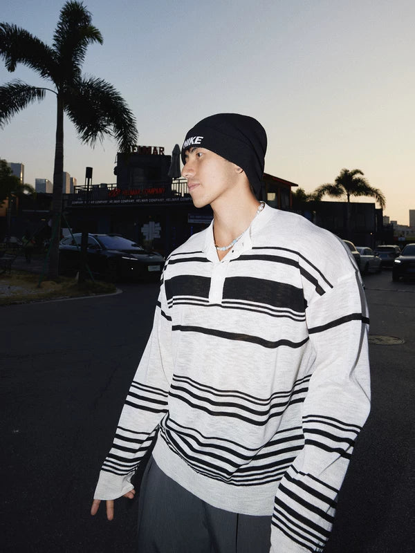 Striped Long Sleeve Henley Knit Sweater 1