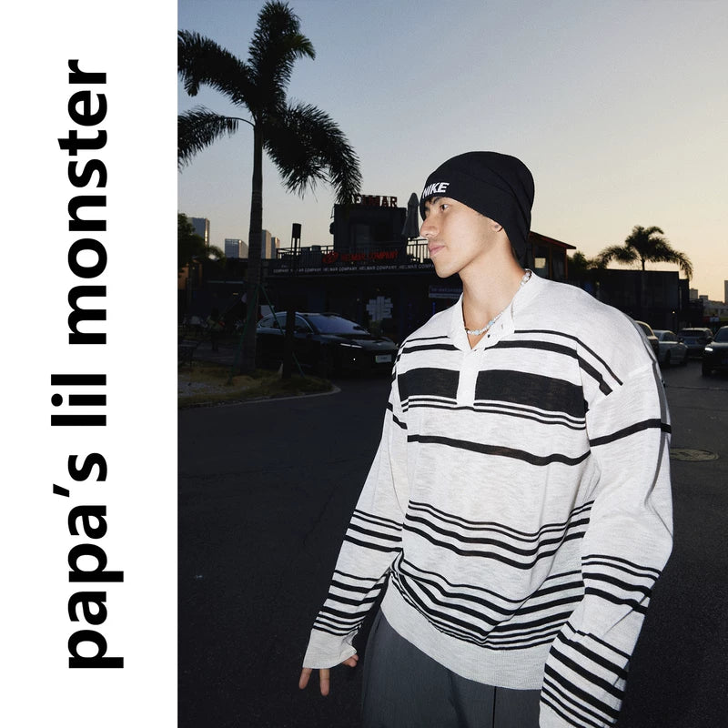 6033288217563,6033288217564,6033288217565, Striped Long Sleeve Henley Knit Sweater