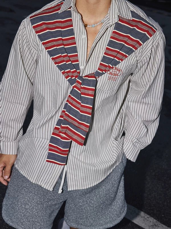 Striped Long-Sleeve Shirt with Shawl Detail 3