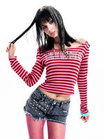 Striped Off-Shoulder Long-Sleeve Letter Print Top 3