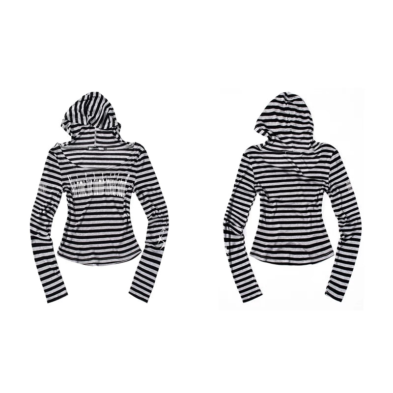 6266357330022,6266357330023,6266357330024, Striped Off-Shoulder Long-Sleeve Letter Print Top