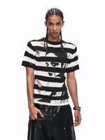 Striped Portrait Print Hooded Knit Sweater 2