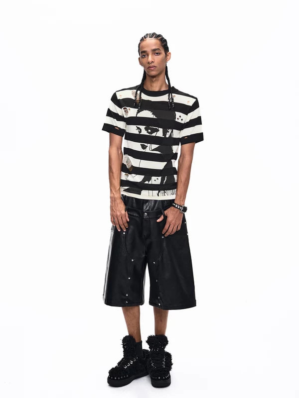 Striped Portrait Print Hooded Knit Sweater 4