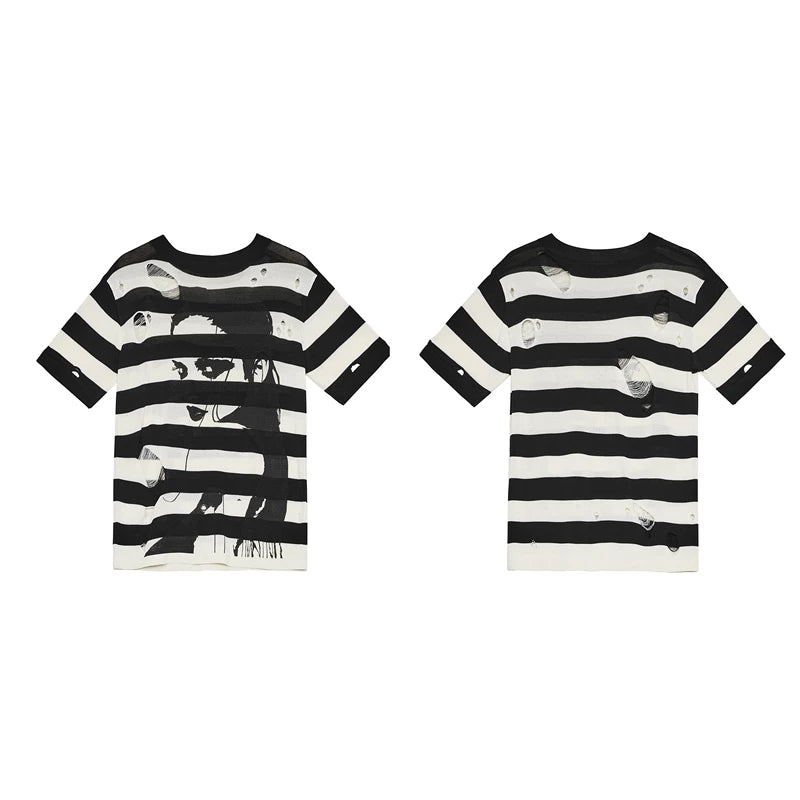6226791546140,6226791546141,6226791546142,6226791546143, Striped Portrait Print Hooded Knit Sweater