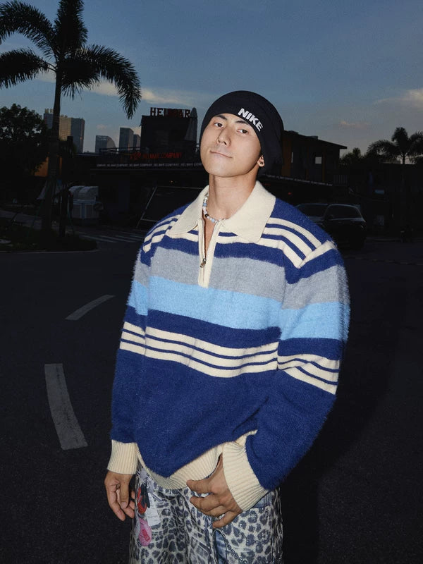 Striped Quarter-Zip Collared Knit Sweater 1
