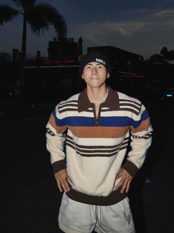 Striped Quarter-Zip Collared Knit Sweater 3