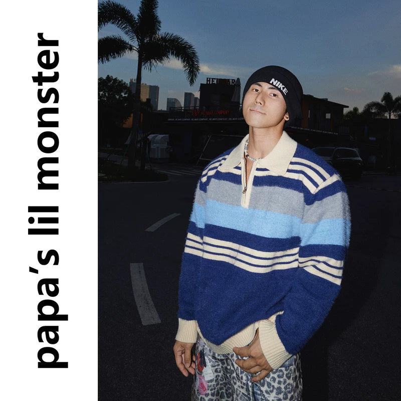 6125207439391,6125207439393,6125207439395, Striped Quarter-Zip Collared Knit Sweater