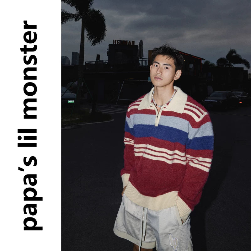 6148123591698,6148123591699,6148123591700, Striped Quarter-Zip Collared Knit Sweater