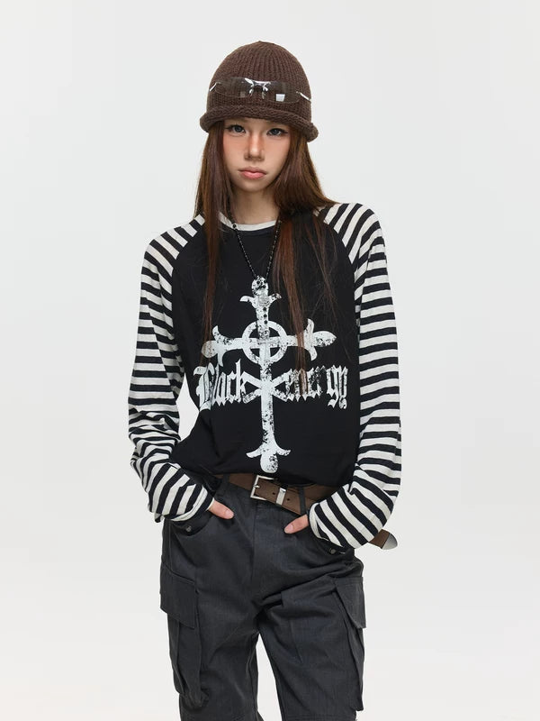 Striped Raglan Long Sleeve Graphic T-Shirt 1
