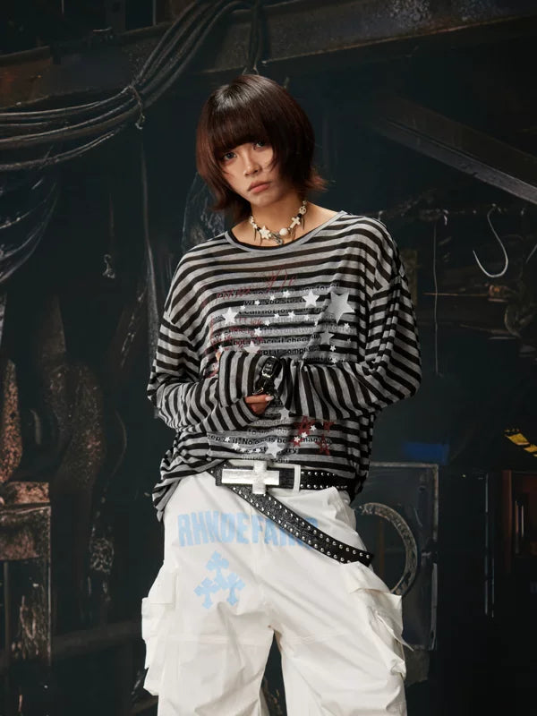 Striped Retro Graphic Long-Sleeve Lyocell T-Shirt 1