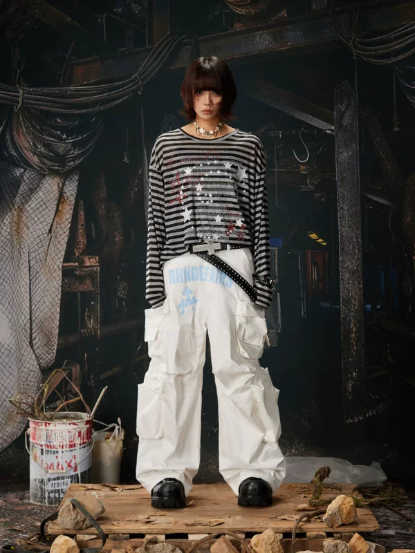 Striped Retro Graphic Long-Sleeve Lyocell T-Shirt 2