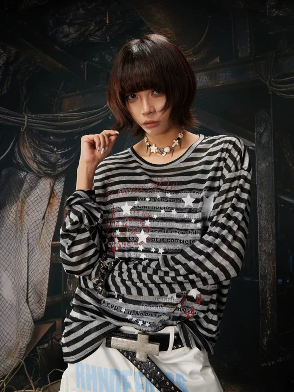 Striped Retro Graphic Long-Sleeve Lyocell T-Shirt 3