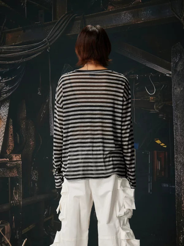 Striped Retro Graphic Long-Sleeve Lyocell T-Shirt 4